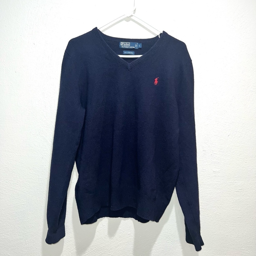 Polo by Ralph Lauren Blue V-Neck Lambs Wool Sweater